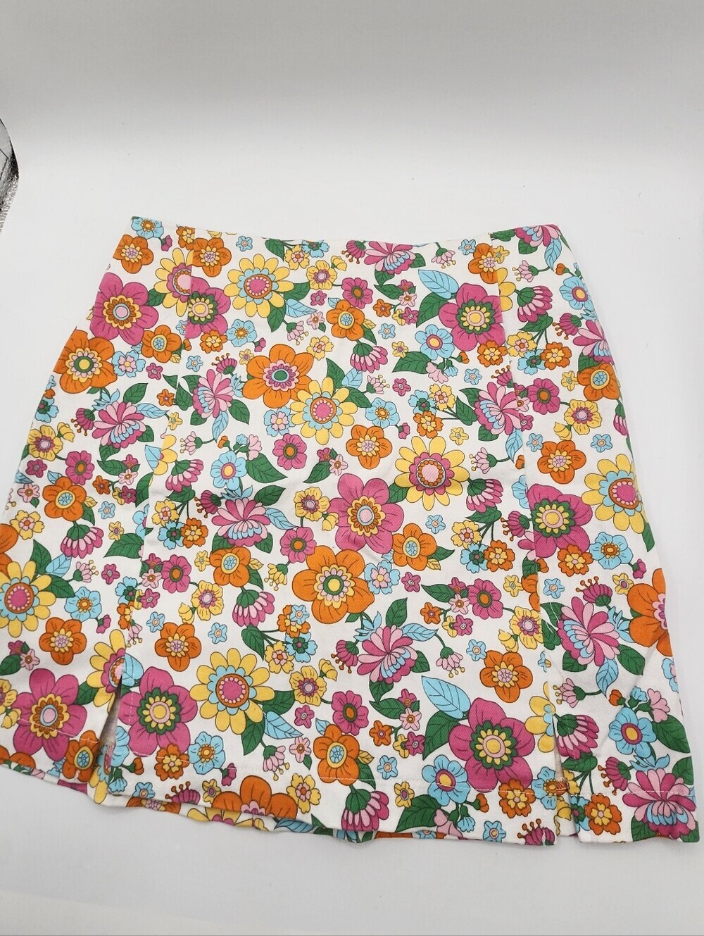 Love on a hanger White Mini Skirt with Pink, Orange, Yellow & Green Floral Print